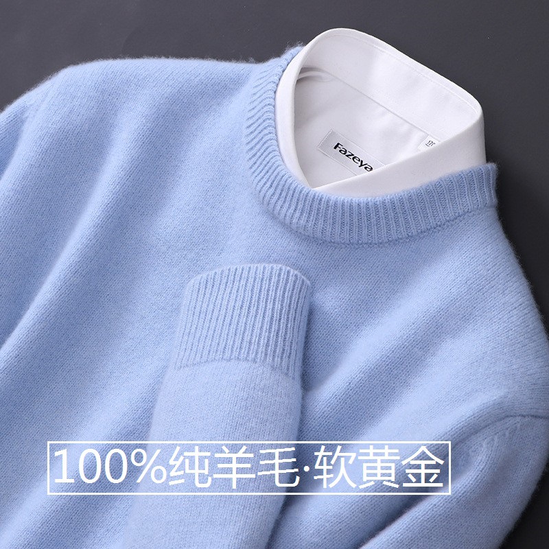 秋冬季100%纯羊毛衫男士圆领套头纯色加厚毛衣针织宽松打底羊绒衫