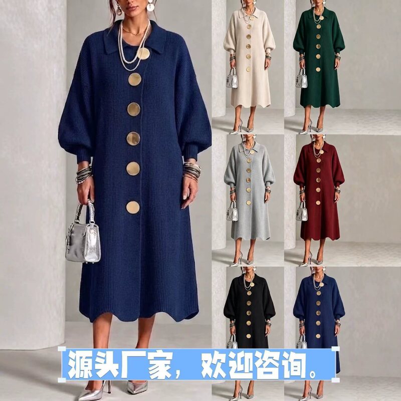 2026 European and American cross-border knitted dress with metal buttons, new autumn/winter collection, solid color, casual, fashionable, and versatile for women 2026 European and American cross-border knitted dress with metal buttons, new autumn/winter collection, solid color, casual, fashionable, and versatile for women