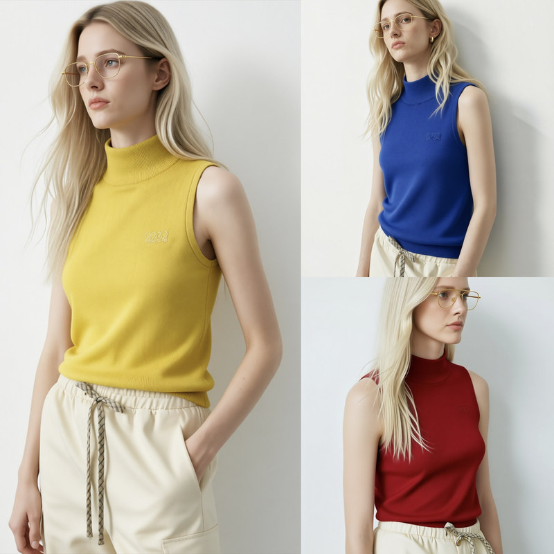French-Style Blue Half-High Collar Sleeveless Knit Vest for Women, 2026 Summer New Slim-Fit Slimming Inner Top