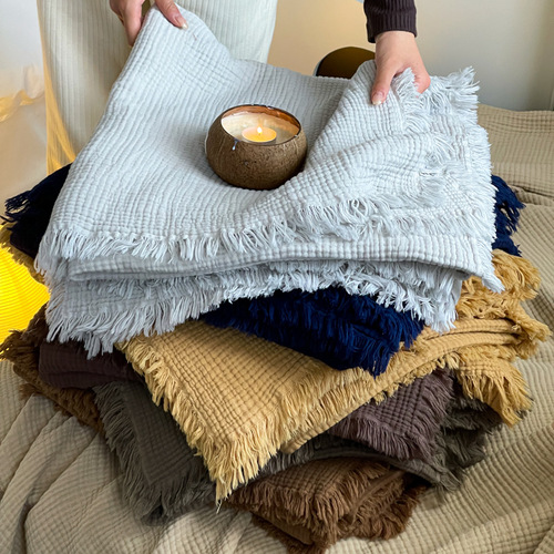 All-cotton four-layer crinkled yarn fringe blanket, suitable for autumn and winter, Maillard yarn cover blanket, office nap blanket, pure cotton yarn cover blanket