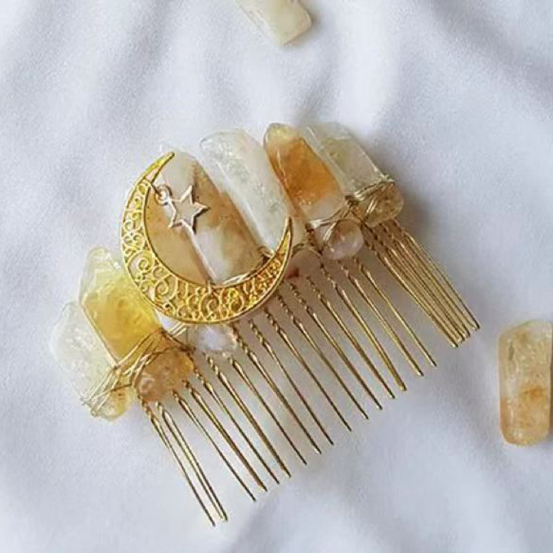 Hollow Out Design Retro Style Retro Moon Crown Natural Crystal Hollow Out Hair Combs Crown
