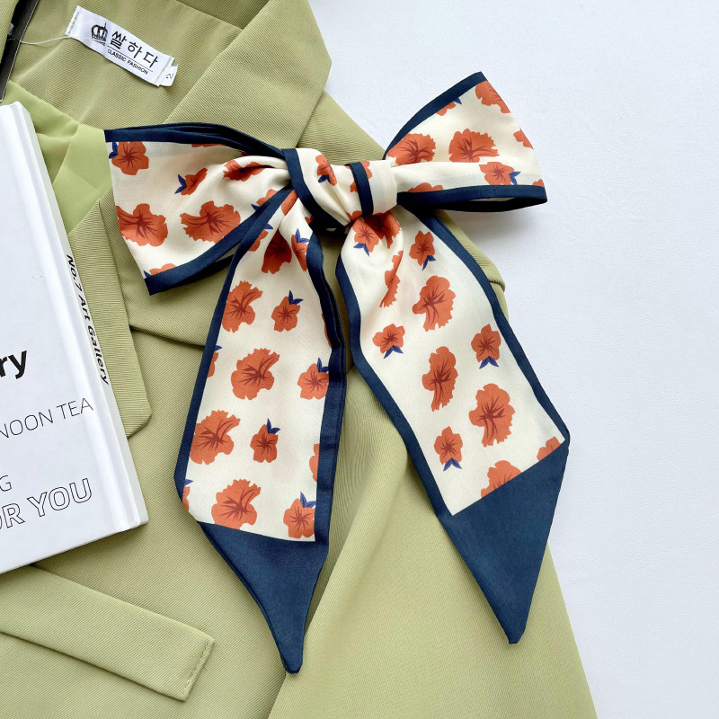 Fina y estrecha pequeña bufanda de seda de las mujeres de estilo coreano todo fósforo Azul pequeña flor bolsa de corbata de pelo cinta decorativa cinta de estilo coreano banda de pelo