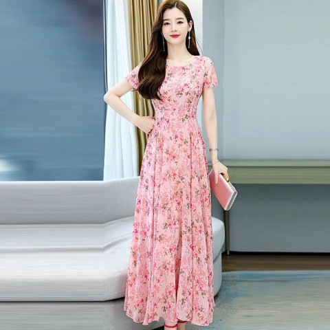 Improved model, please look at the real thing before placing an order. Fashion round collar all-match short-sleeved dress, Women's New Year's summer new style