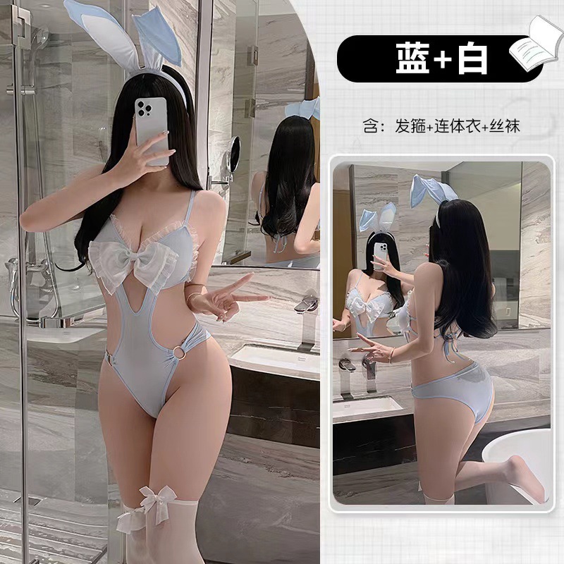 Sweet Bunny Uniform Costume Lingerie Set with Bow Detail and Pink Stockings — detail image 7