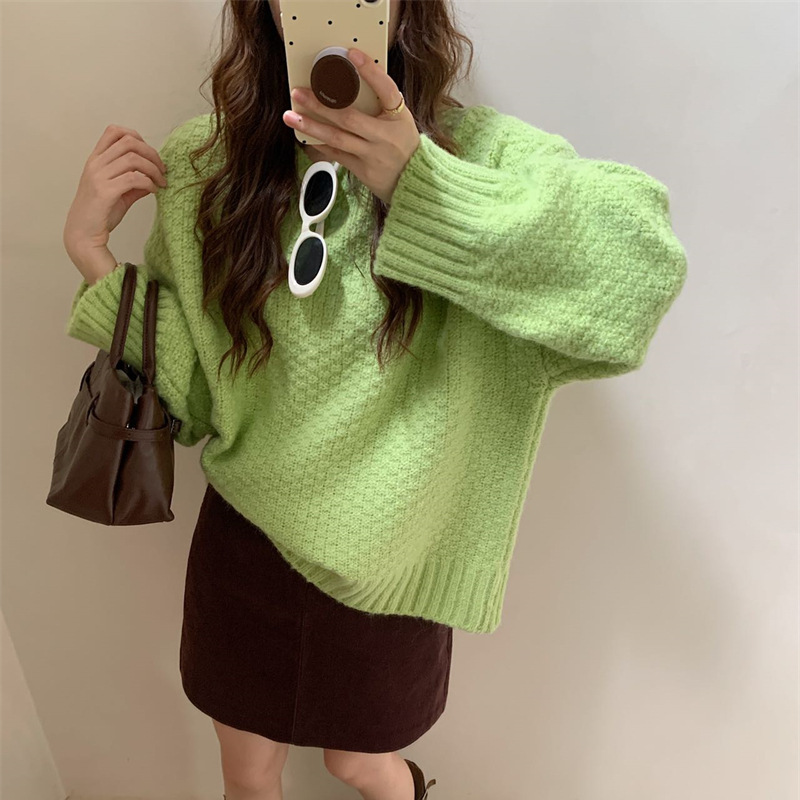 毛衣女秋冬新款菠萝针宽松慵懒风软糯纯色显瘦百搭套头针织衫上衣|undefined