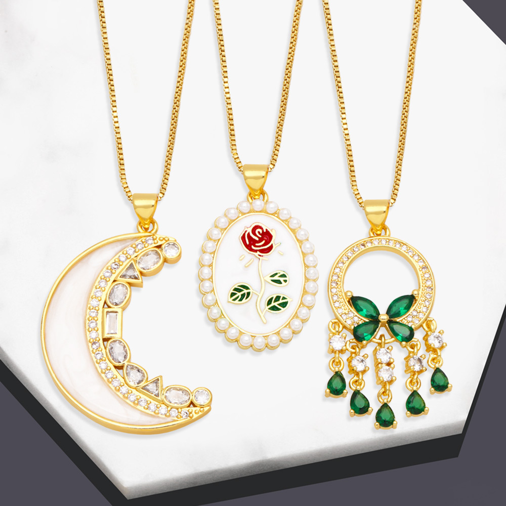 Fashion Moon Flower Copper Plating Inlay Pearl Zircon Pendant Necklace 1 Piece