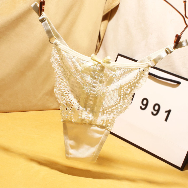 Cross-border plus-size adjustable bow thong for women, seamless lace transparent hollow cross-strap panties 8251