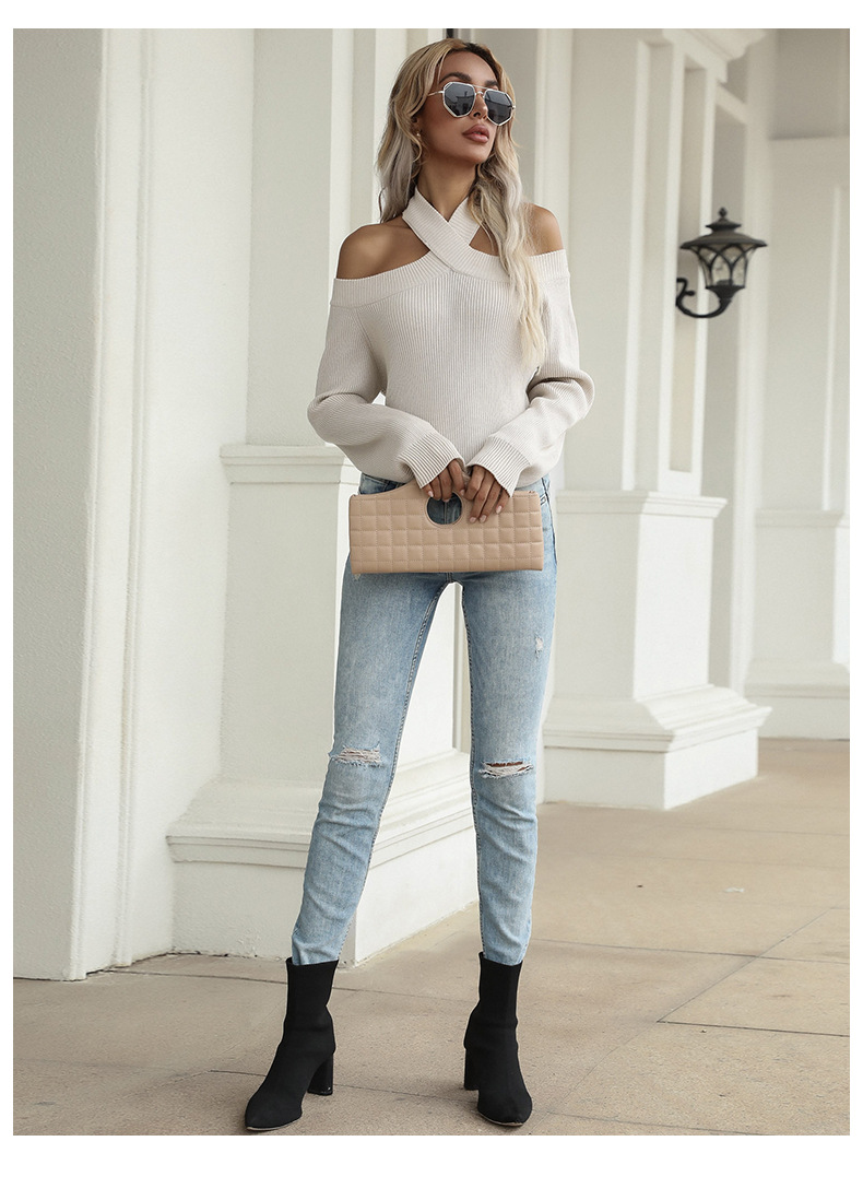Solid Color Knitted Pullover Top Hollow Cross Halter Neck Off-shoulder Slim Sweater_voghion.com