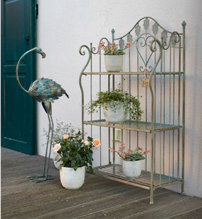 French Country Pastoral Old Vintage Iron Art Dark Green Garden Balcony Decoration Cast Iron Folding Flower Rack Storage Rack