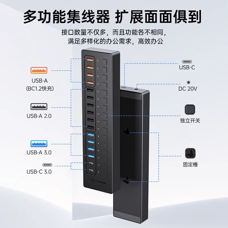 Arkasis usb divisor de 20 puertos computadora teléfono hub concentrador de disco USB de carga de alta potencia estación de acoplamiento