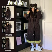 可爱无牙仔连帽珊瑚绒睡袍女冬季2025新款居家服睡衣加绒加厚套装