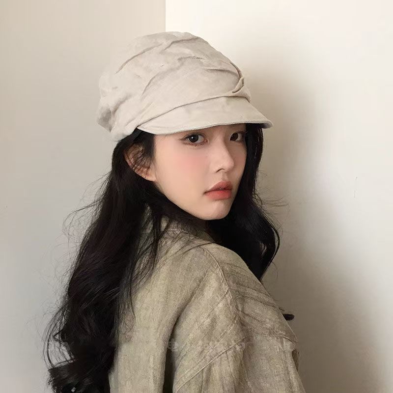 薄款透气水洗亚麻褶皱设计八角帽气质显脸小马术帽|undefined