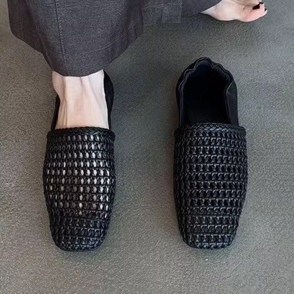 シープスキンバージョン~フレンチレトロスクエアトゥ中空織りフラットシューズレディース万能通勤スリッポンフラットシューズ|undefined