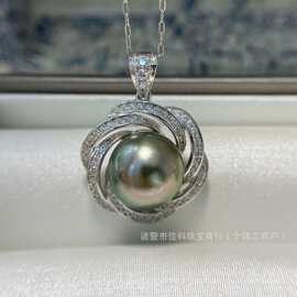 S925纯银花型海水珍珠吊坠10-11mm海水大溪地黑珍珠复古奢华时尚