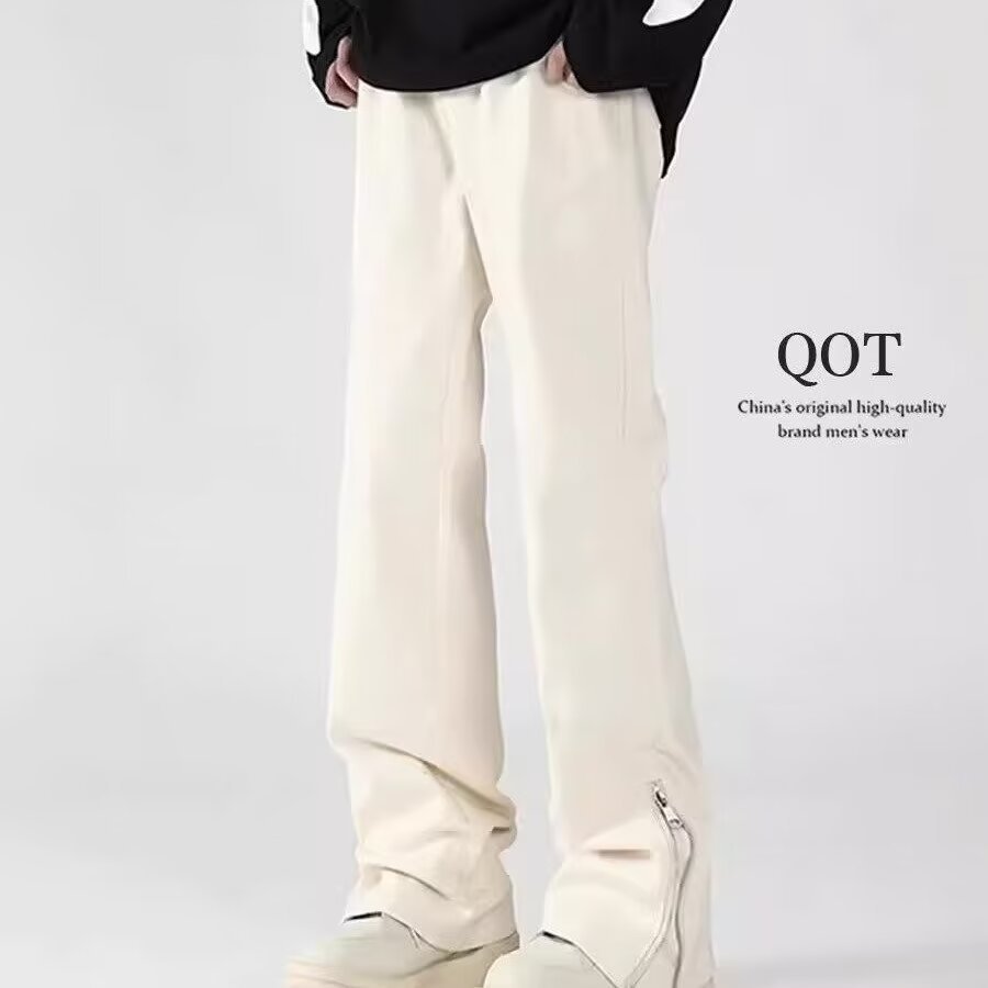 Vaqueros con cremallera desgastados lavados en la calle americana Primavera y otoño Pantalones largos de estilo vibe de moda holgados rectos para hombres