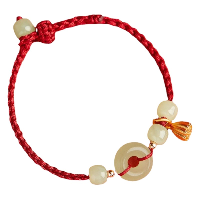 Minsheng imitation Hetian Jade safe buckle Lotus pendant red rope hand rope transfer beads women's hand-woven jewelry
