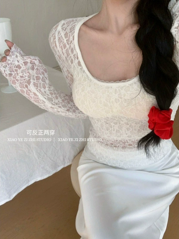 Кружевной топ U-образный (Hot Girl Xi) ретро крючковая эластичная длинный рукав, двусторонний, one size
