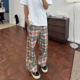 彩红格纹多巴胺条纹裤子宽松垂感爵士舞运动裤ins慵懒阔腿弯刀裤