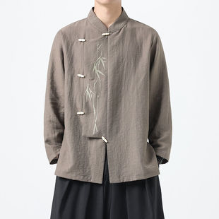 New Chinese Style Retro Thin Casual Slanted Lapel Hanfu Shirt Chinese Style Loose Large Size Embroidered Tang Suit Tea Suit Long Sleeves