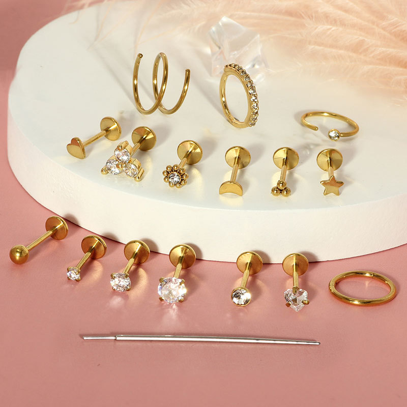 Stainless Steel Flat-Bottom Lip Nose Nail Set with Zircon Heart Design - 17 Pieces Piercing Jewelry detail image 5