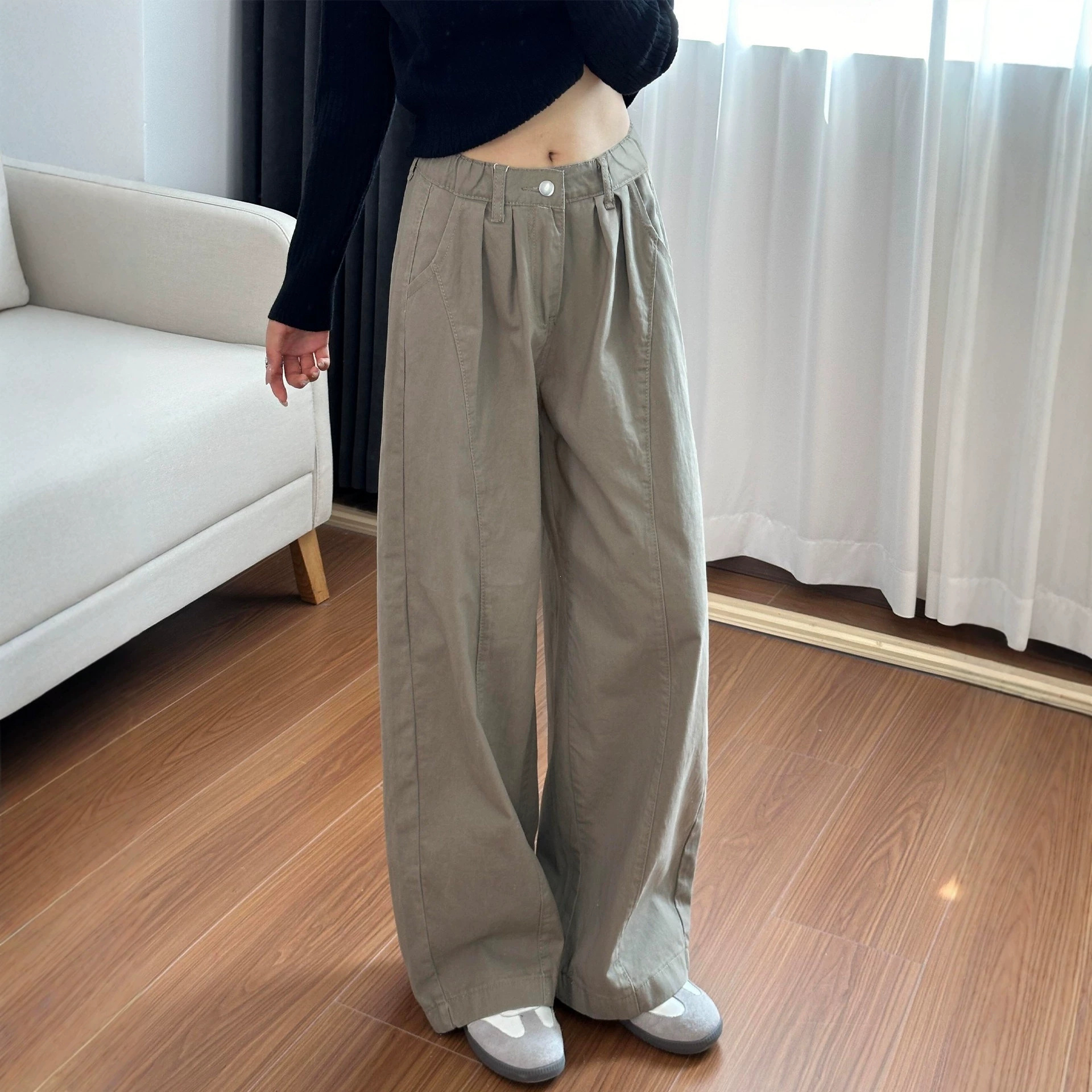 2026 Autumn New Style Plus Size Women's High-Waisted Slimming Wide-Leg Casual Pants in American Khaki Workwear Style