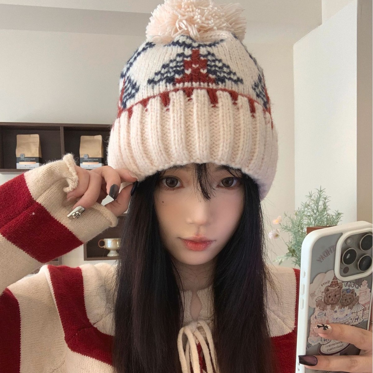 Gorro de punto con pompón, estilo jacquard retro coreano otoñal para mujer, ideal para el invierno. Diseño cálido y acogedor, con protección para las orejas, estilo Fair Isle._voghion.com