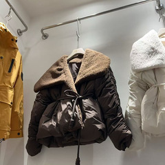 翻领短款羽绒服2025冬新跨境欧美女装时尚百搭设计收腰系带外套女