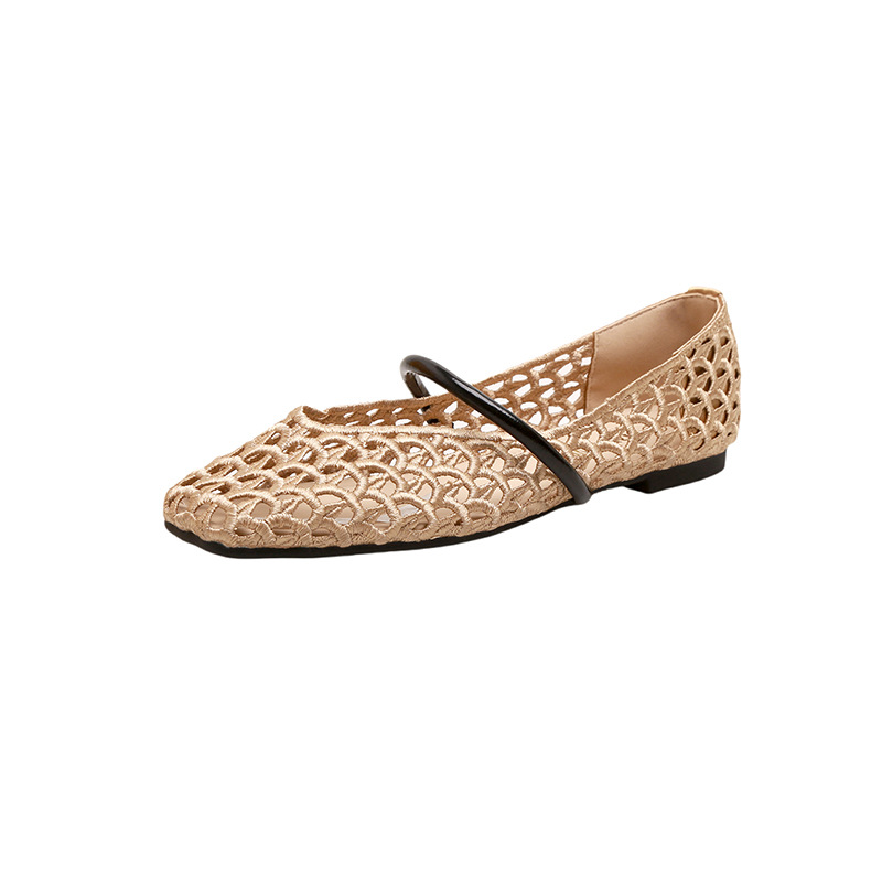 Nuevo estilo para vacaciones en París~ Zapatos de mujer con punta cuadrada, estilo francés, con tiras tejidas, versátiles, de suela suave y boca poco profunda.