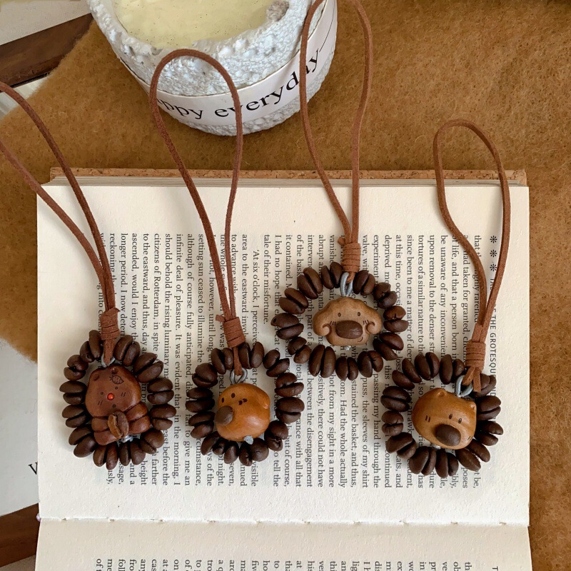 Wooden Cartoon Coffee Bean Phone Chain Pendant Keychain Accessory Cute Style Bag Charm Decoration Accessory