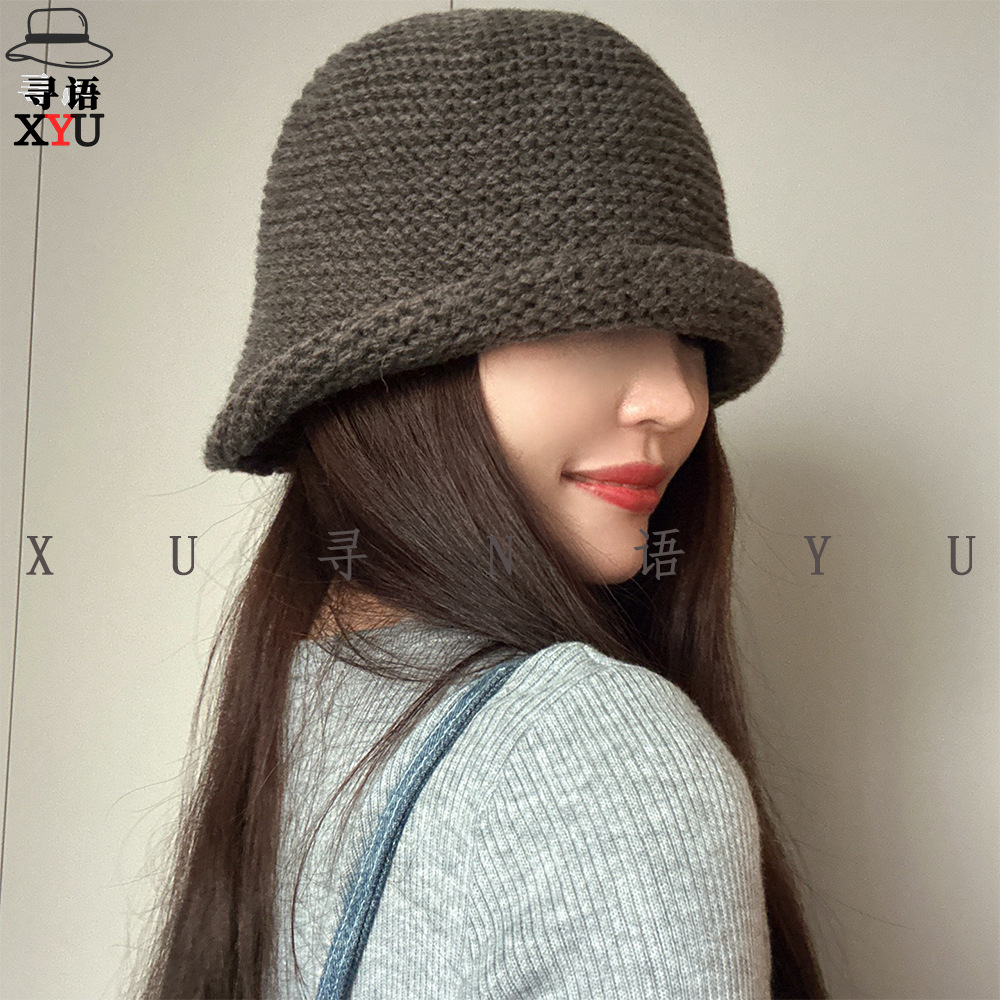 羊毛针织帽卷边水桶可折叠毛线渔夫帽秋冬款保暖大头围套头护耳帽