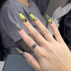 跨境熱銷穿戴甲長水滴形暈染塗鴉美甲片成品24片撞色假指甲貼片