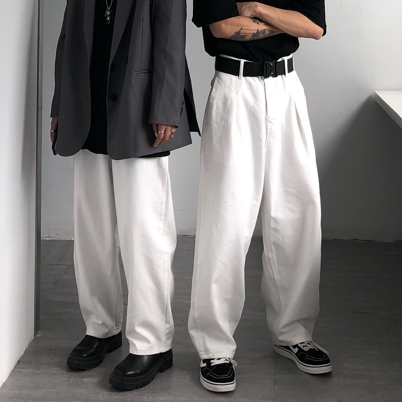 Oversize estilo japonés Hong Kong cintura alta suelta ins retro perezoso casual pierna ancha pantalones de mezclilla para hombres y mujeres