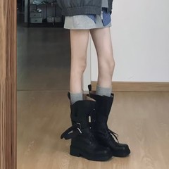 2025新款mui高筒机车靴骑士靴女粗跟搭扣做旧西部牛仔靴长筒排扣