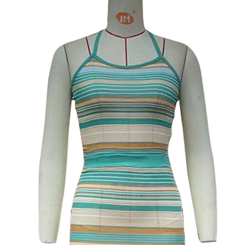 Zweiteiliges Set europäischer und amerikanischer Damenmode: Strickrock mit Schlitz, sexy, lang, Neckholder und gestreiftem Oberteil SU2451_voghion.com