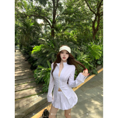 秋天纯色休闲套装2025女装上新辣妹拉链收腰中长款衬衫+花苞短裙