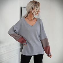 现货亚马逊独立站跨境外贸欧美秋季内搭拼色长袖灰色v领针织衫