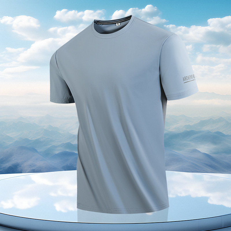 Summer Men's Short-Sleeved T-Shirt Ice Silk Quick-Drying Round Neck Pullover Running Fitness Casual Sports Top Large Size T-Shirt