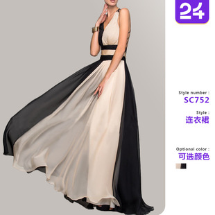 2025 New Amazon European and American Foreign Trade Dress Amazon V-Neck Sleeveless Color Block Dress Long Skirt