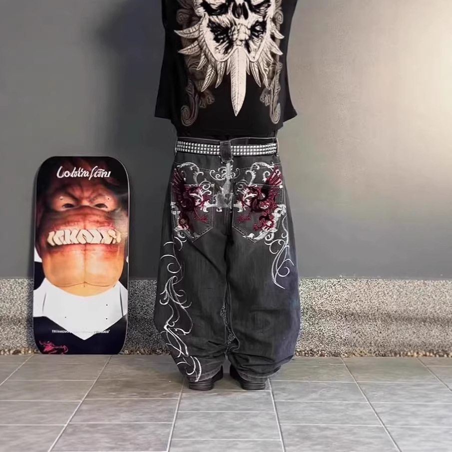 Men's Clothing Men's Dark Gothic Style Retro Straight Leg Jeans High Street Embroidered Pants For Formal & Casual_mkmklike.com