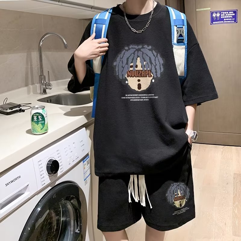 Waffle Casual Suit Men's Harajuku Half-sleeve Artistic Cartoon Trendy T-shirt Summer New Simple Half-length Pants