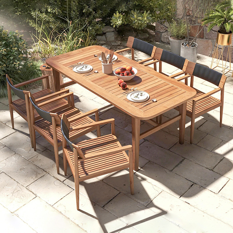 De gama alta al aire libre mesa y silla Villa patio anti-corrosión madera larga mesa al aire libre jardín terraza ocio teca mesa y silla combinación