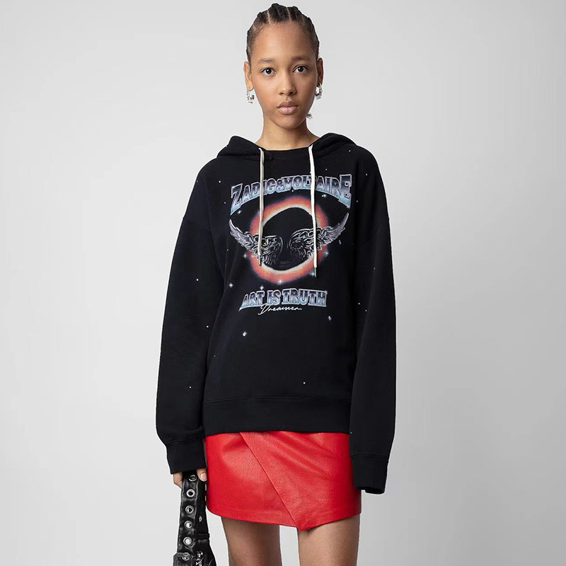 Clearance Sale at a Loss ~ No Returns or Exchanges ~ Zv Rainbow Wings Front and Back White Ink Digital Print Fleece Women's Hooded Sweatshirt