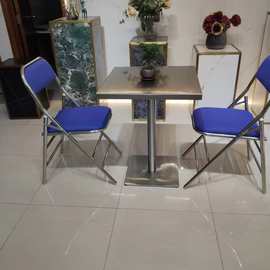 简约不锈钢圆桌长方形组合可折叠奶茶店金属拉丝工业风餐桌椅商用