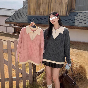 2024 autumn and winter new chubby girl plus size women's lazy wind loose thick sweater fake two twist sweater