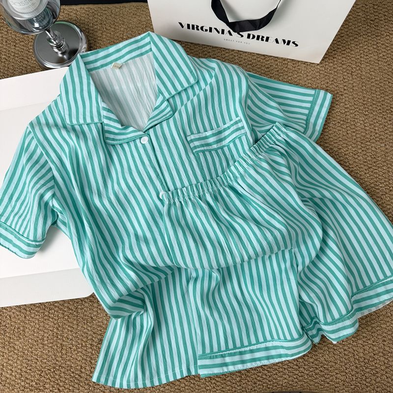 Coreano simple color contraste rayas pijama mujer 2026 nuevo verano relajado pantalones cortos de mangas cortas ropa para el hogar dos piezas conjunto