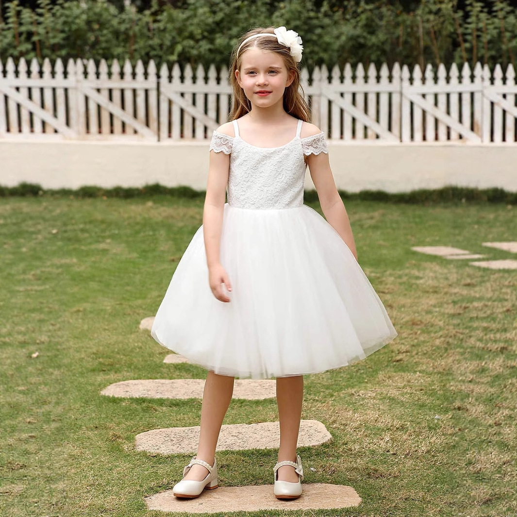 Spitzenhochzeitskleid für Mädchen, bauschiger Prinzessinnen-Midirock, Kleid für Klavierauftritte, Geburtstagsfeiern, für Kinder von 3-12 Jahren 【Vorbestellung | Versand in 15 Tagen】_voghion.com
