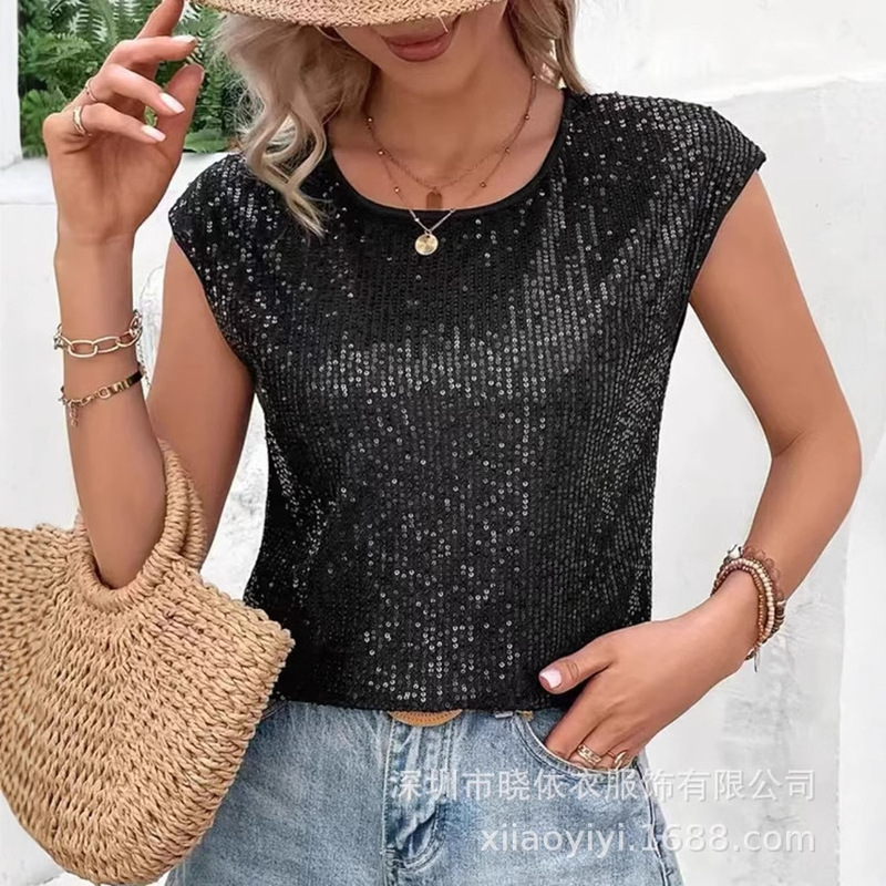 Amazon Cross-border European and American Foreign Trade New Temperament Commuter Women's Round Neck Flash Sequin Top Casual Cover Sleeve