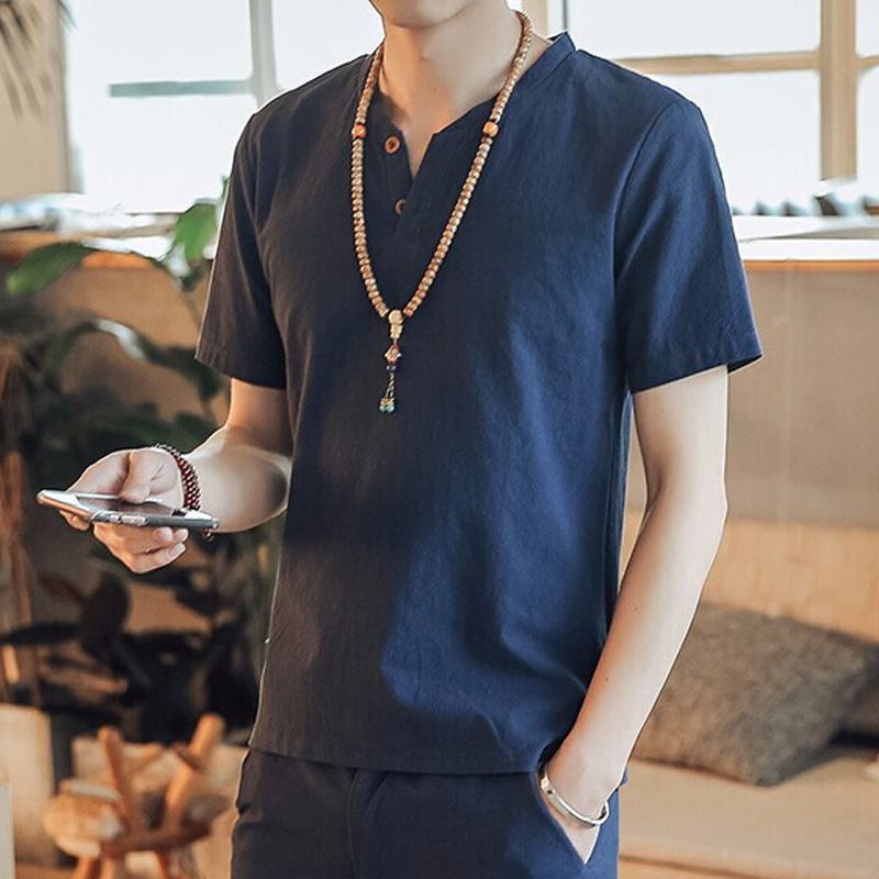 Summer Linen Short-Sleeved T-Shirt Men's Pure Color Casual Loose Men's Chinese Style Retro Cotton and Linen V-Neck T-Shirt Men's Trendy