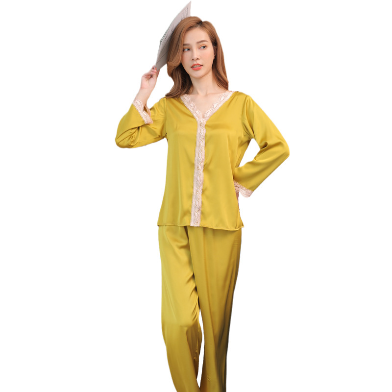 Pijamas de seda madura de manga larga europeos y americanos encaje sexy primavera y otoño ropa para el hogar de las mujeres más traje de pijamas de tamaño al por mayor