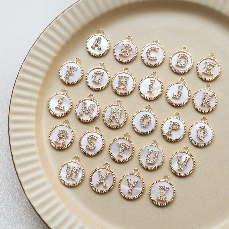 3g Weight Shell, Zircon Inlay Material Charms, Jewelry Accessories Classification 1 Piece Quantity Copper Material Round, Letter Pattern Plating, Inlay Design Simple Style Style 1 Piece Copper Shell Zircon Round Letter 5